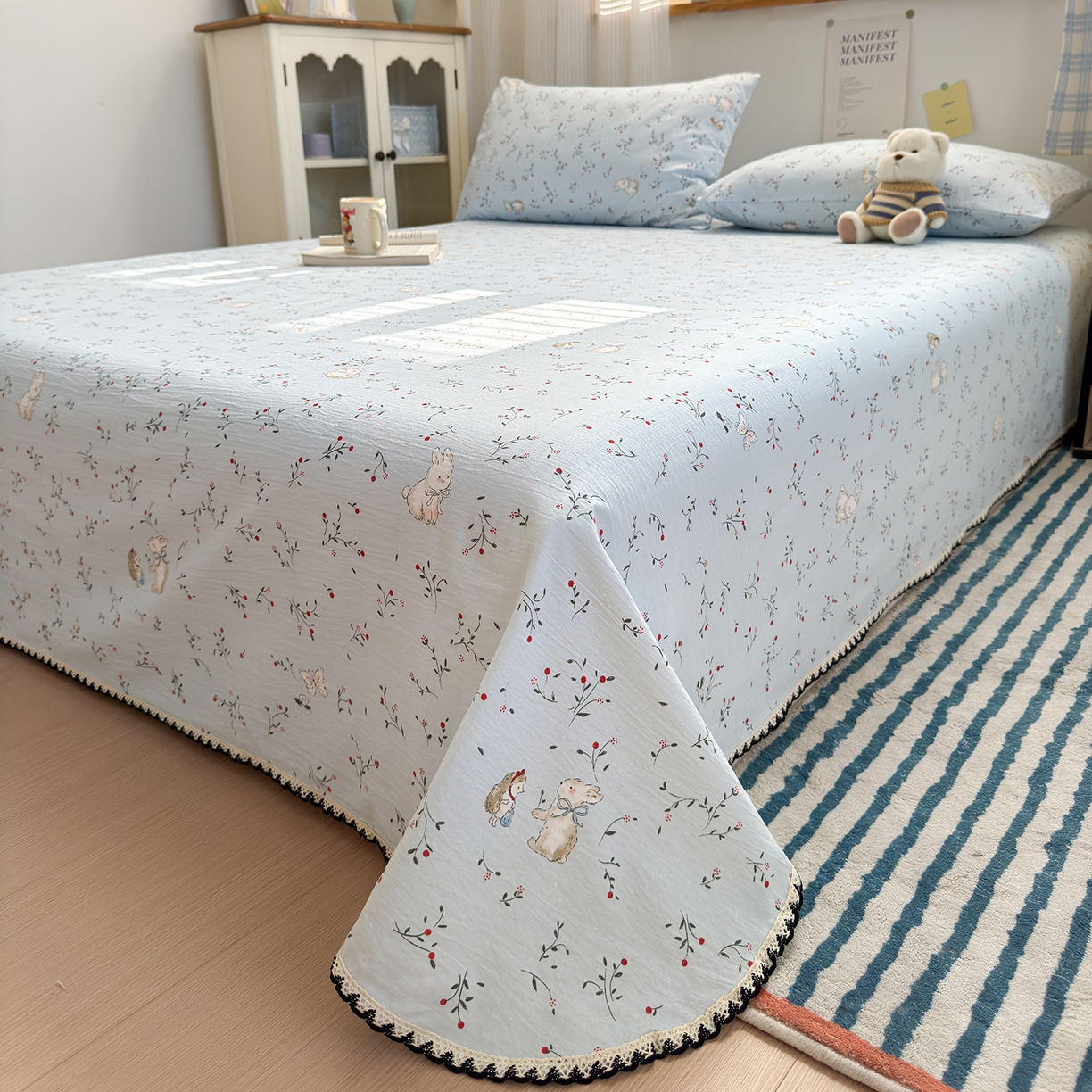 91家纺网 家纺一手货源 找家纺 （总）沐芷 2025 秋冬加厚床单高克重双层纱黑色小花边被单床单三件套