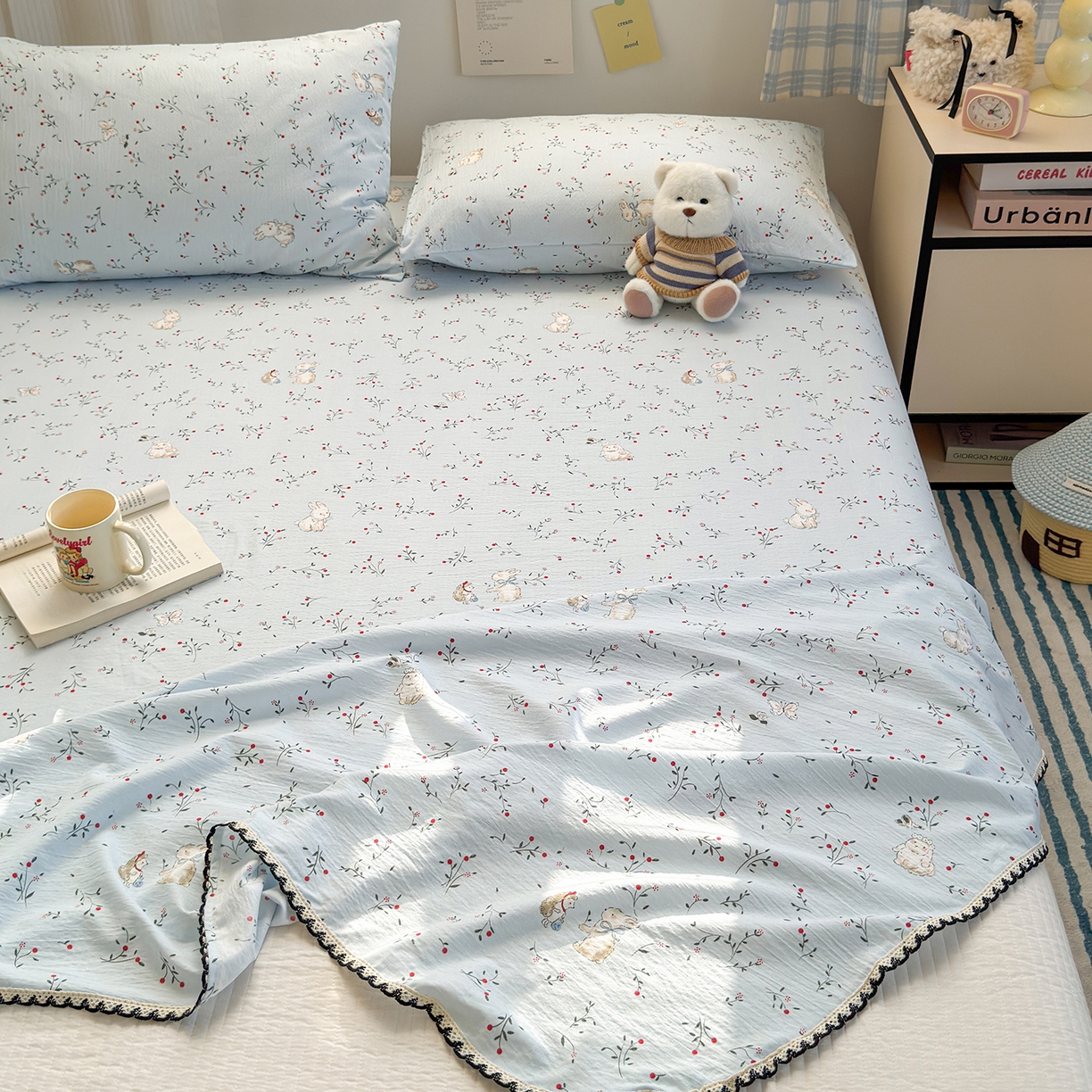 91家纺网 家纺一手货源 找家纺 （总）沐芷 2025 秋冬加厚床单高克重双层纱黑色小花边被单床单三件套