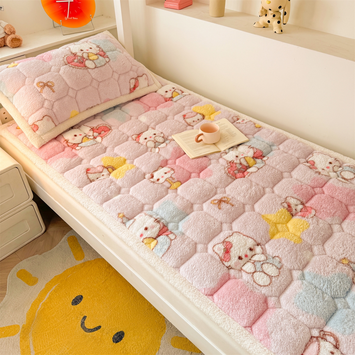 91家纺网 家纺一手货源 找家纺 雯豆家纺 2025新款泰迪绒学生宿舍床褥床垫床护垫 泰迪绒床褥-粉色KT