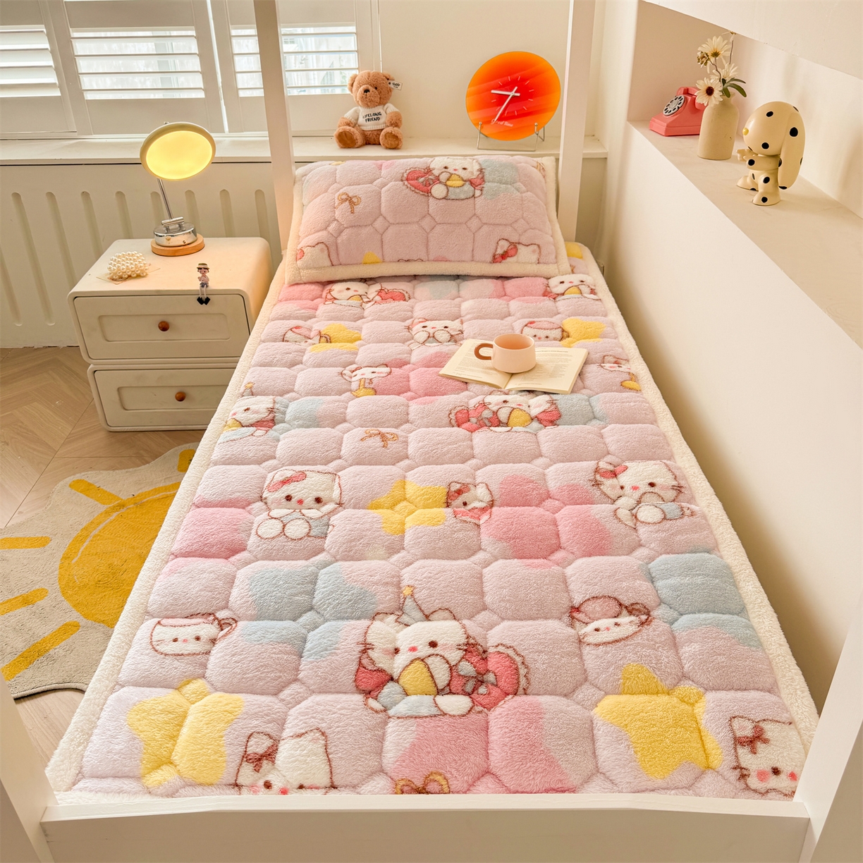 91家纺网 家纺一手货源 找家纺 雯豆家纺 2025新款泰迪绒学生宿舍床褥床垫床护垫 泰迪绒床褥-粉色KT