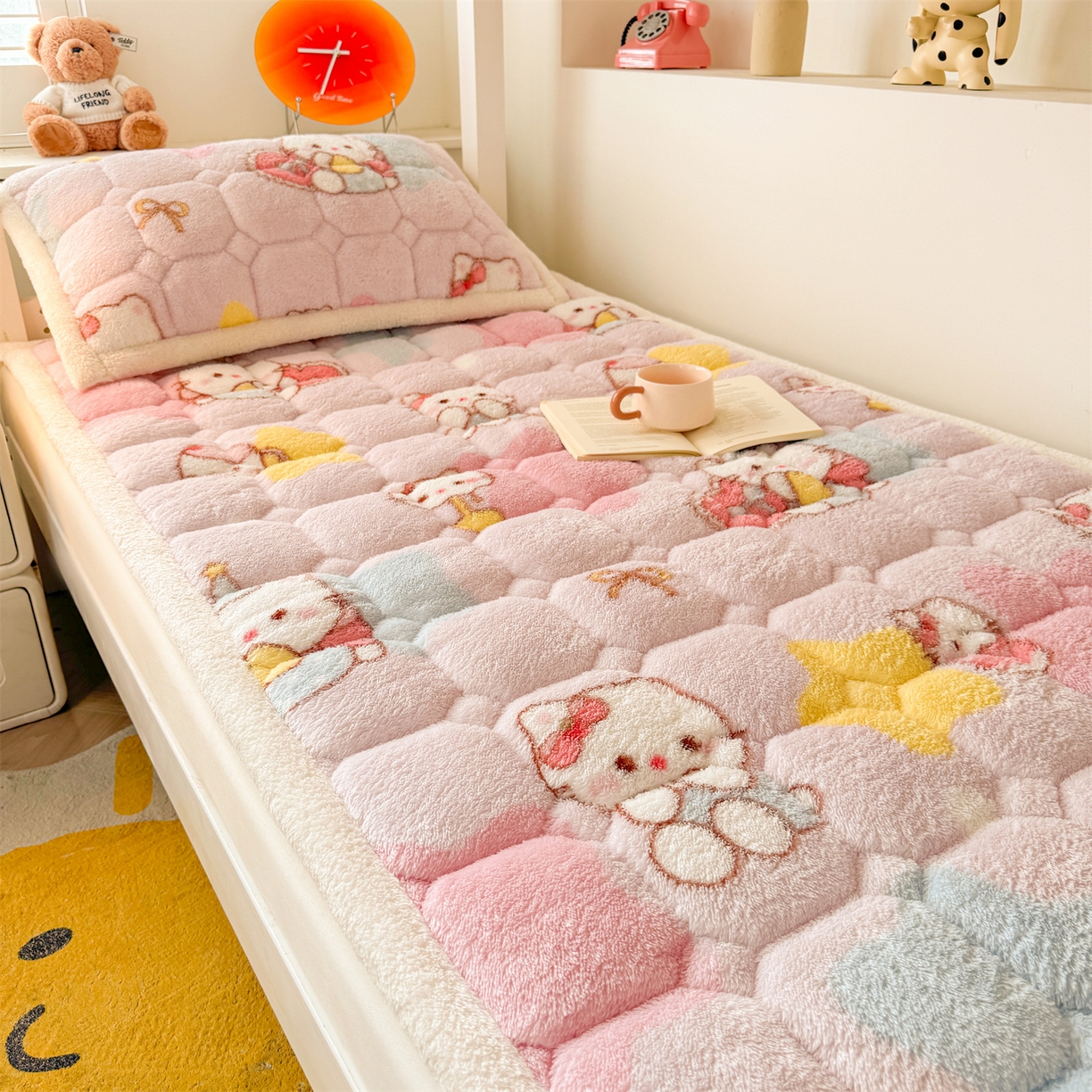 91家纺网 家纺一手货源 找家纺 雯豆家纺 2025新款泰迪绒学生宿舍床褥床垫床护垫 泰迪绒床褥-粉色KT
