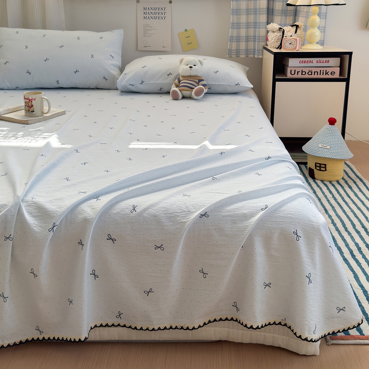 91家纺网 家纺一手货源 找家纺 沐芷 2025 秋冬加厚床单高克重双层纱黑色小花边被单床单三件套 波点蓝结