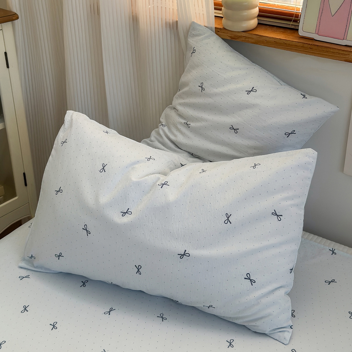 91家纺网 家纺一手货源 找家纺 沐芷 2025 秋冬加厚床单高克重双层纱黑色小花边被单床单三件套 波点蓝结