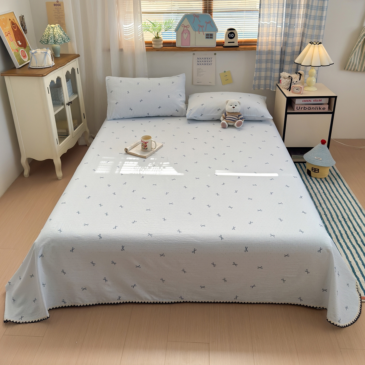 91家纺网 家纺一手货源 找家纺 沐芷 2025 秋冬加厚床单高克重双层纱黑色小花边被单床单三件套 波点蓝结