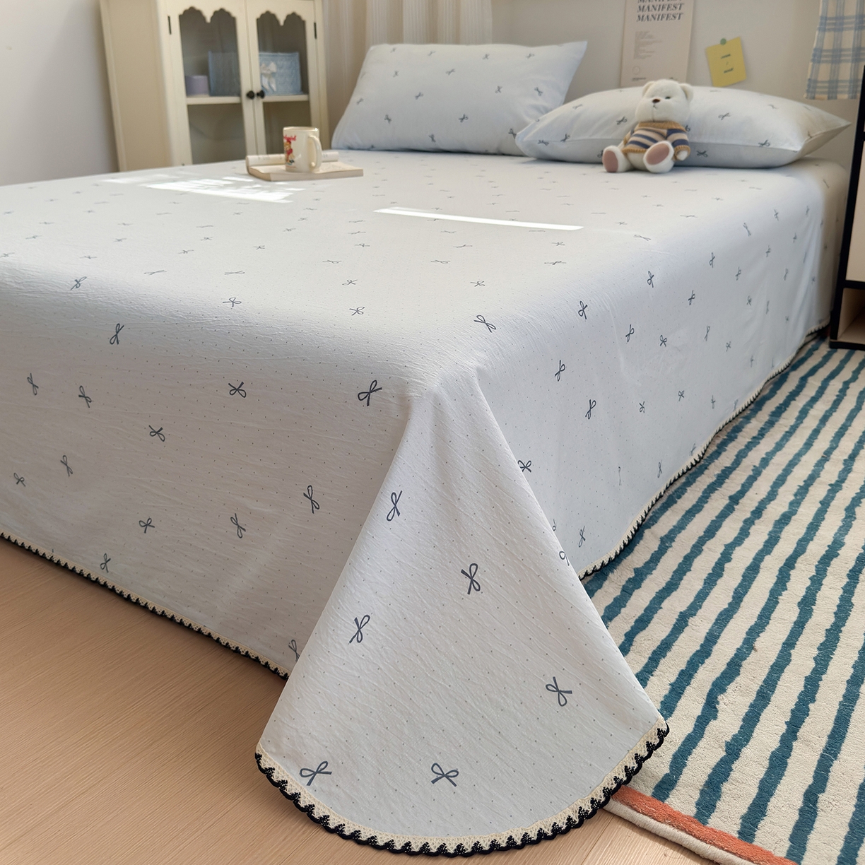 91家纺网 家纺一手货源 找家纺 沐芷 2025 秋冬加厚床单高克重双层纱黑色小花边被单床单三件套 波点蓝结