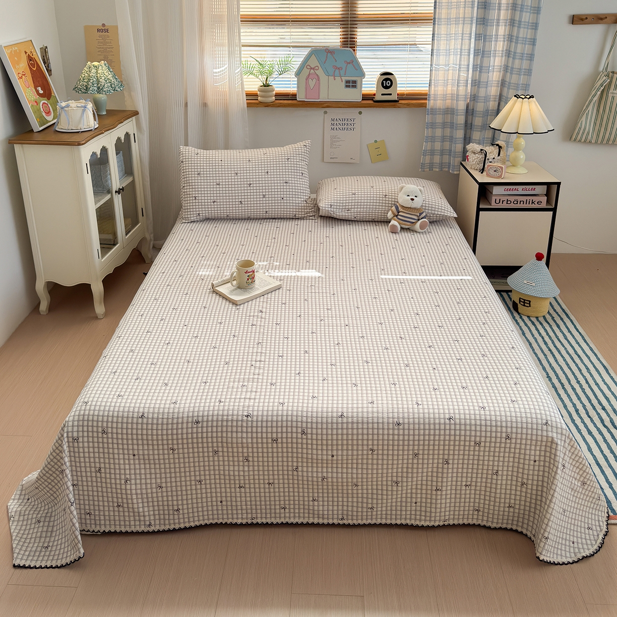 91家纺网 家纺一手货源 找家纺 沐芷 2025 秋冬加厚床单高克重双层纱黑色小花边被单床单三件套 格纹蝶结