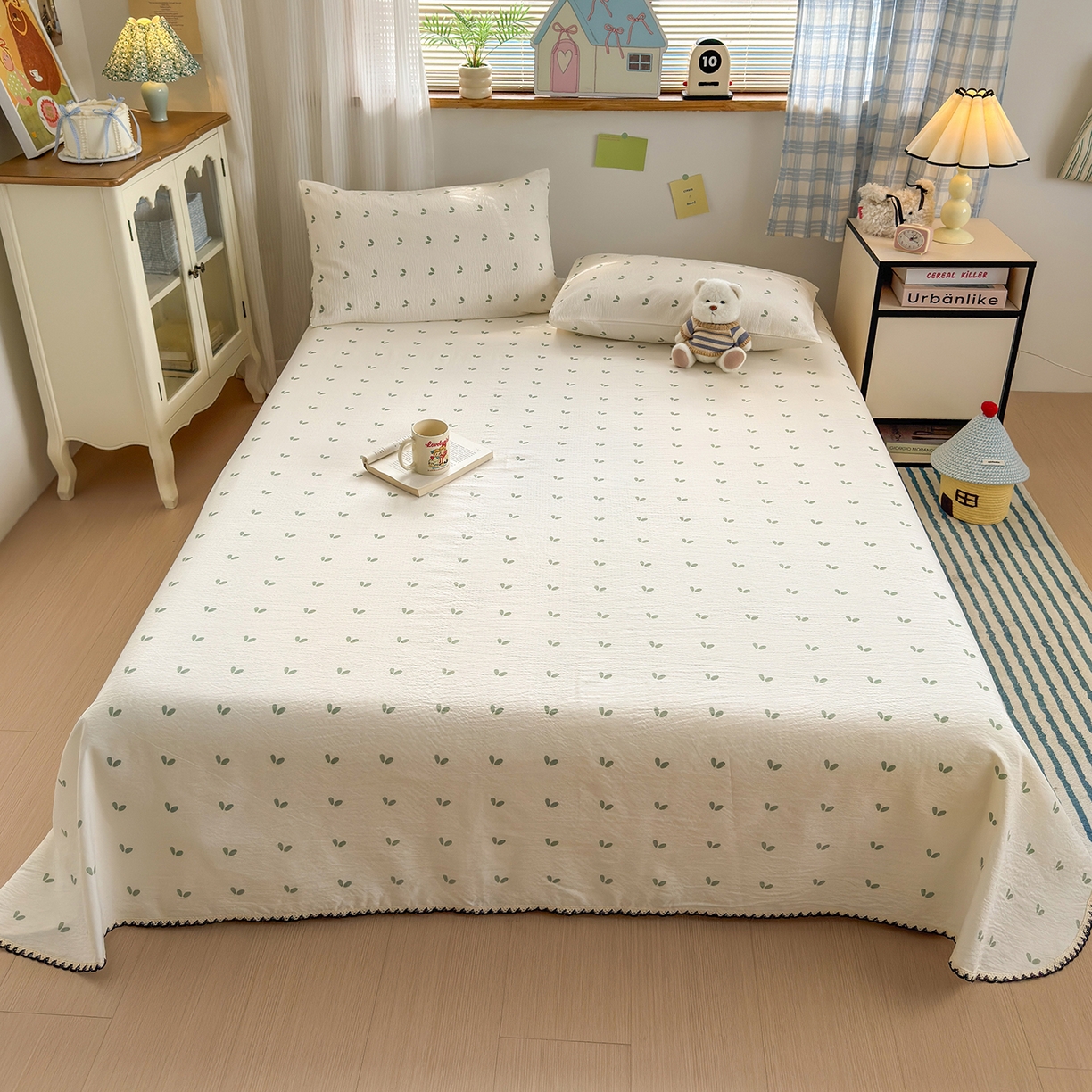 91家纺网 家纺一手货源 找家纺 沐芷 2025 秋冬加厚床单高克重双层纱黑色小花边被单床单三件套 绿芽