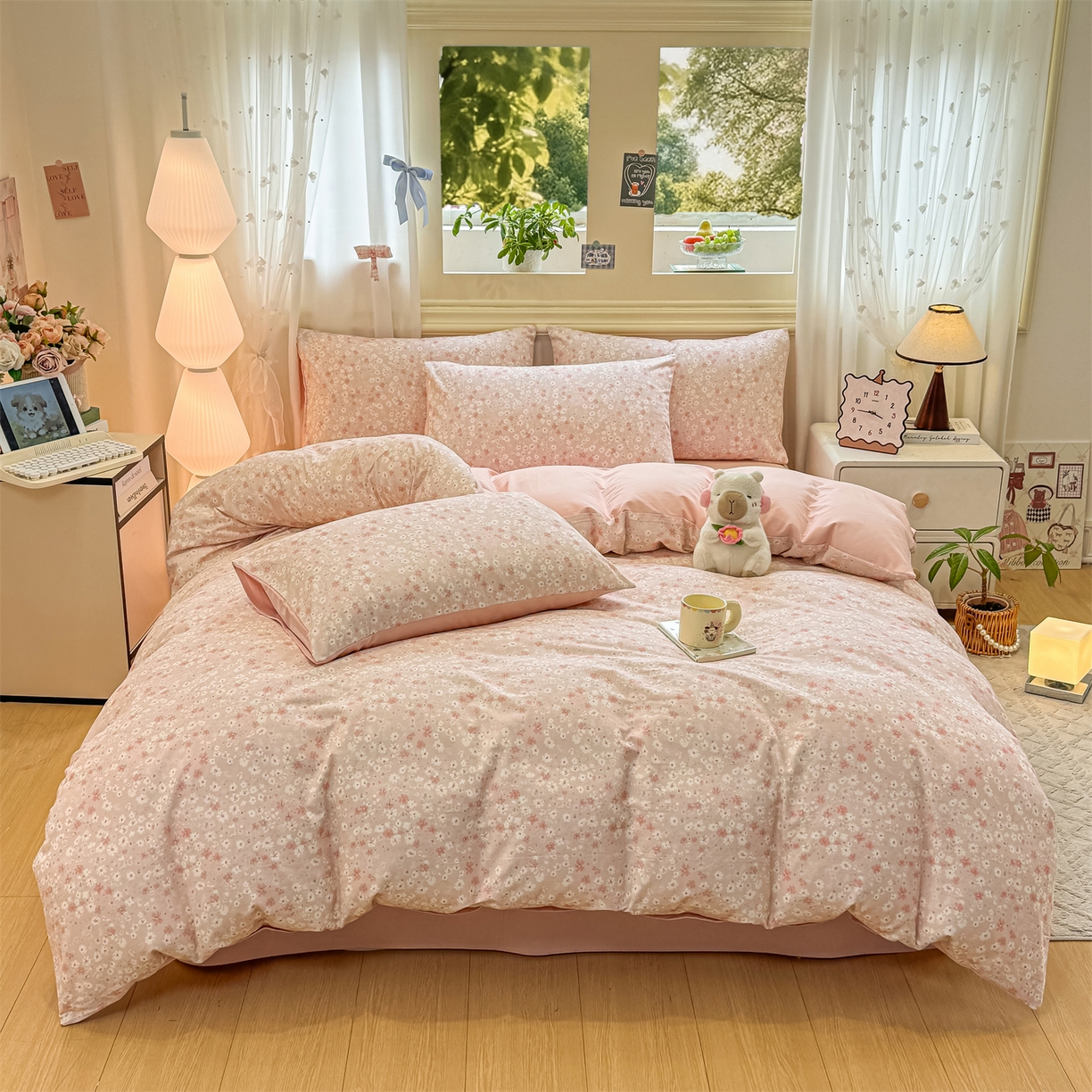 91家纺网 家纺一手货源 找家纺 灰鲸 2025新款A类全棉磨毛四件套 零落-粉