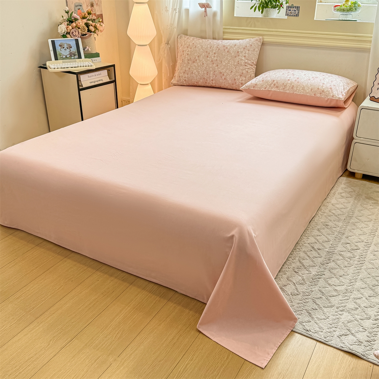 91家纺网 家纺一手货源 找家纺 灰鲸 2025新款A类全棉磨毛四件套 零落-粉