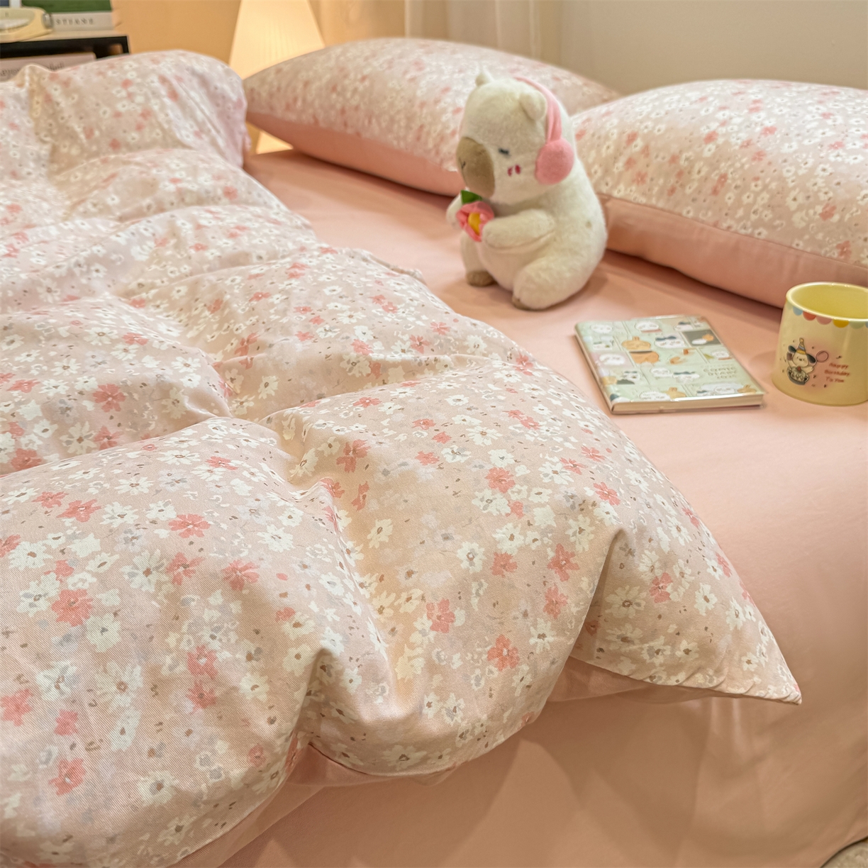 91家纺网 家纺一手货源 找家纺 灰鲸 2025新款A类全棉磨毛四件套 零落-粉