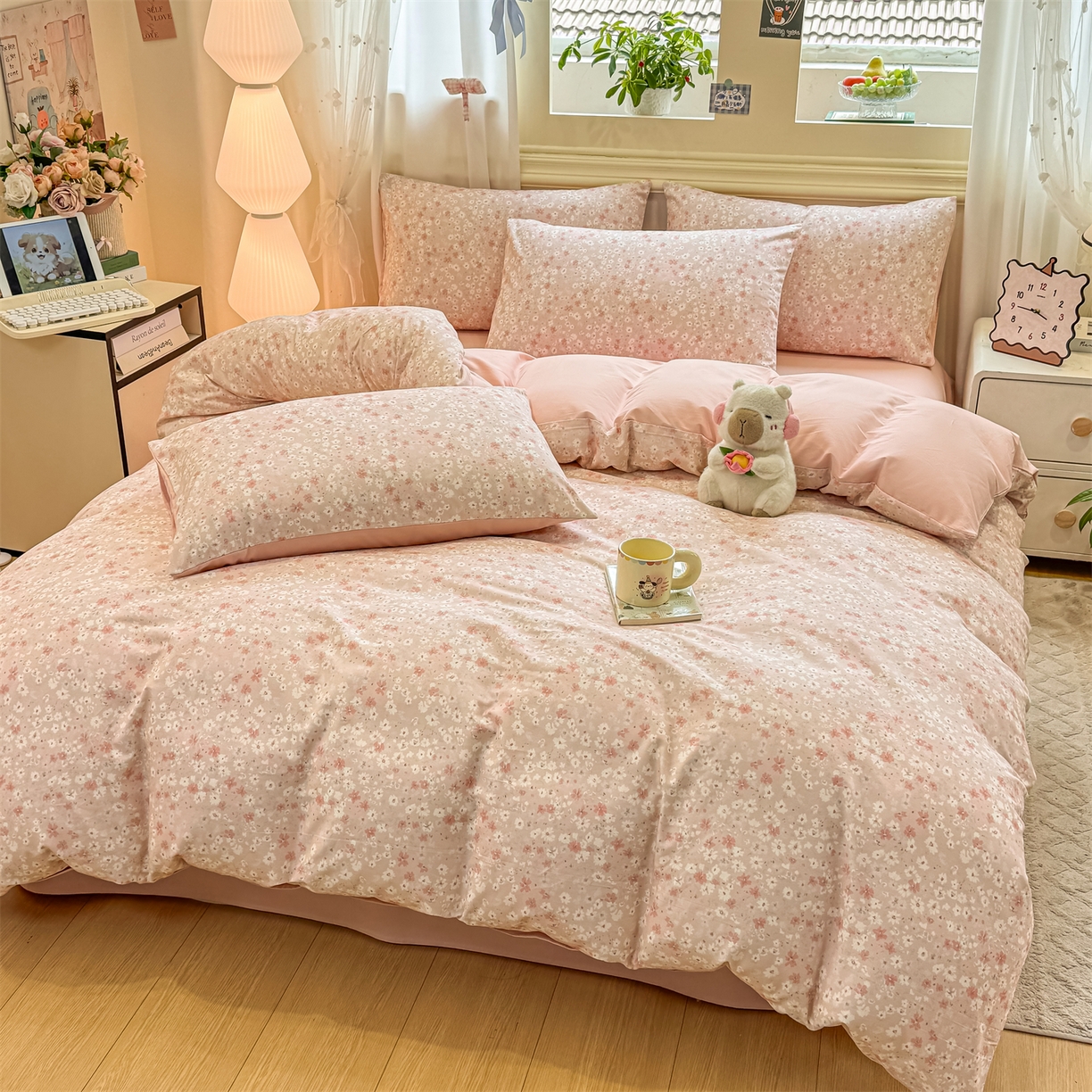 91家纺网 家纺一手货源 找家纺 灰鲸 2025新款A类全棉磨毛四件套 零落-粉