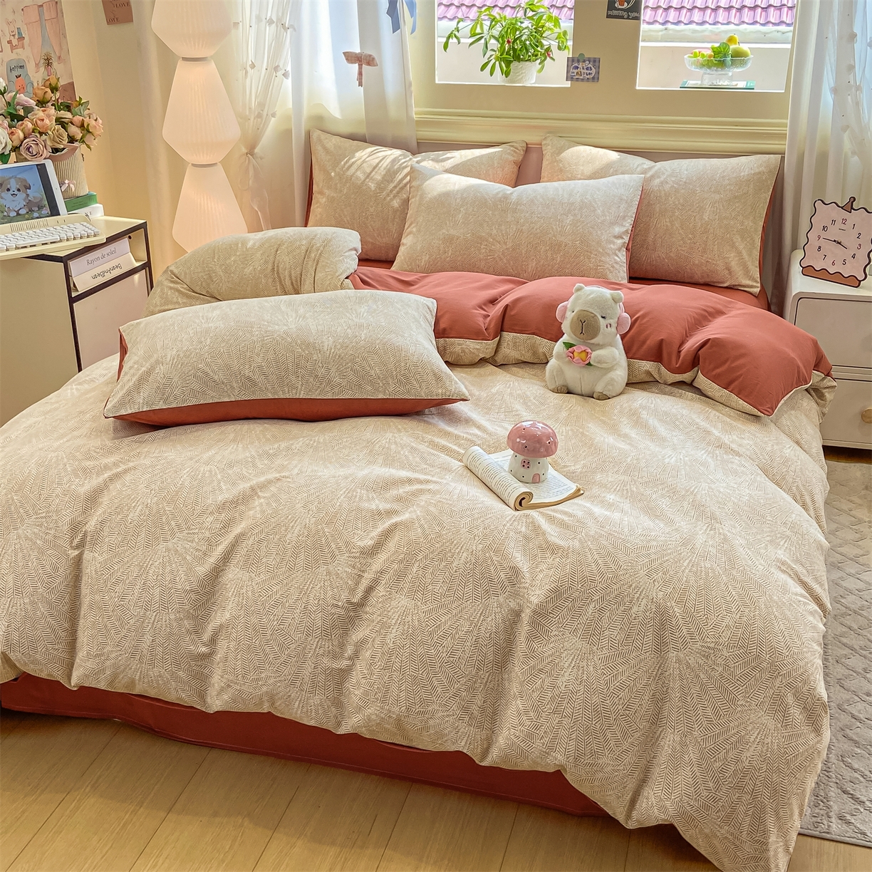 91家纺网 家纺一手货源 找家纺 灰鲸 2025新款A类全棉磨毛四件套 南昭-咖