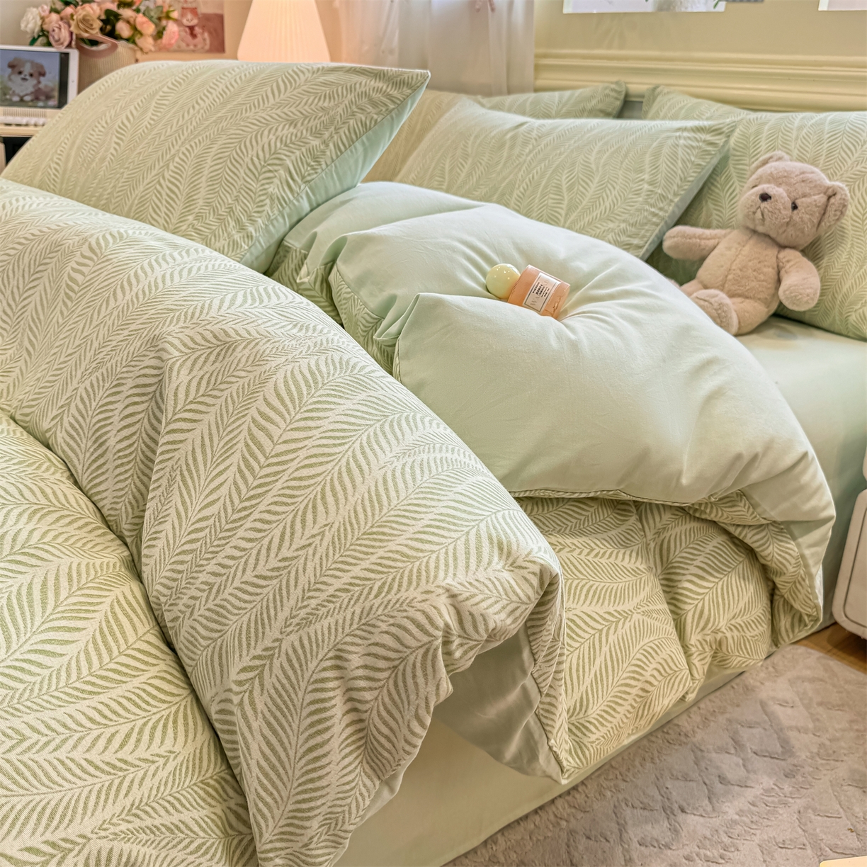 91家纺网 家纺一手货源 找家纺 灰鲸 2025新款A类全棉磨毛四件套 千逐-绿