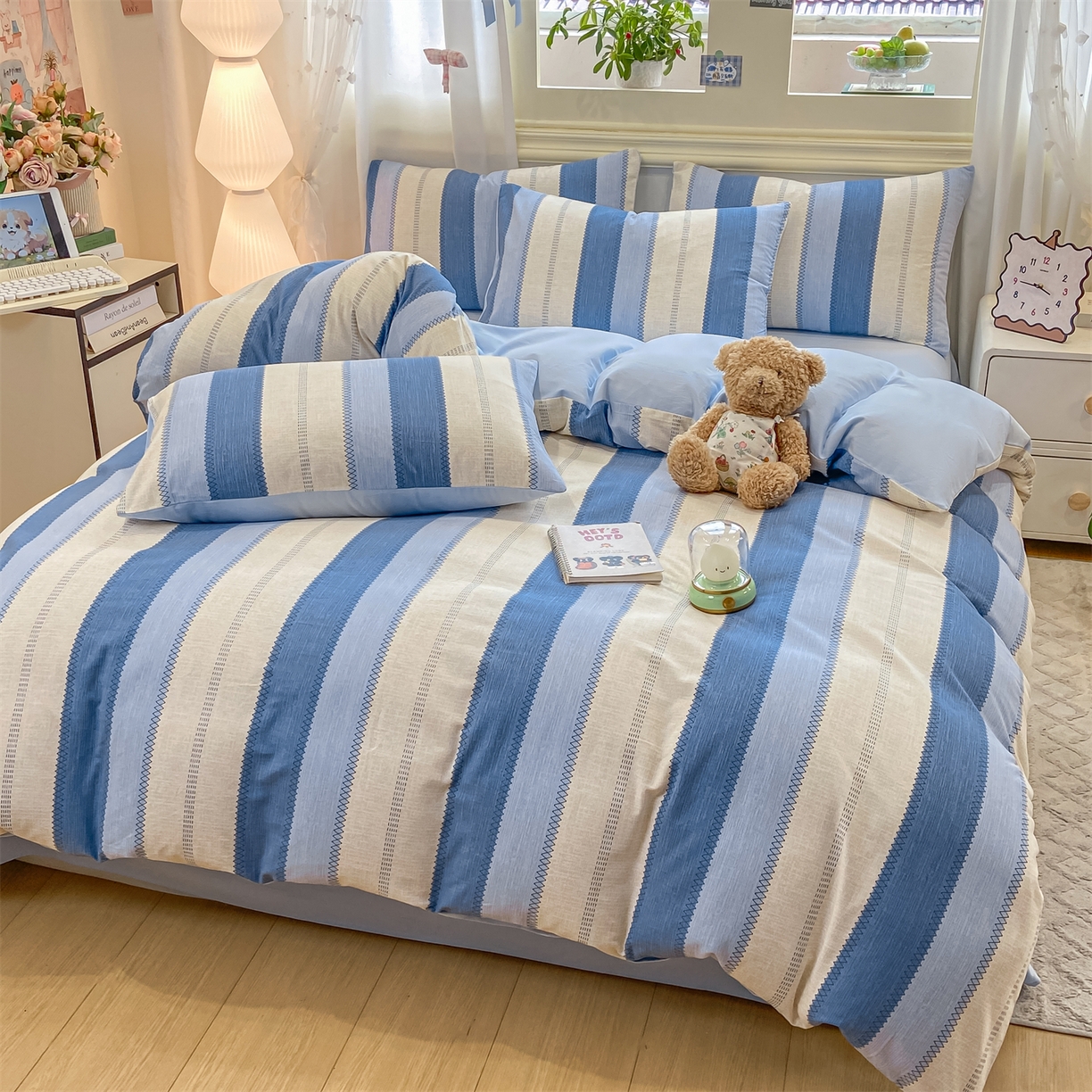 91家纺网 家纺一手货源 找家纺 灰鲸 2025新款A类全棉磨毛四件套 格律-蓝