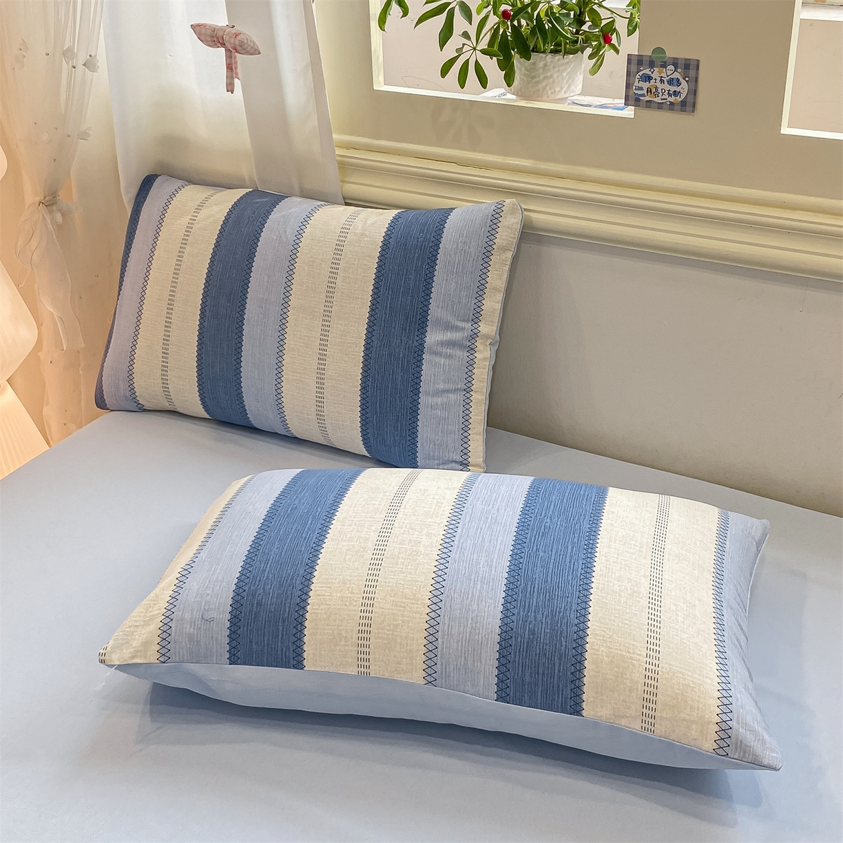 91家纺网 家纺一手货源 找家纺 灰鲸 2025新款A类全棉磨毛四件套 格律-蓝