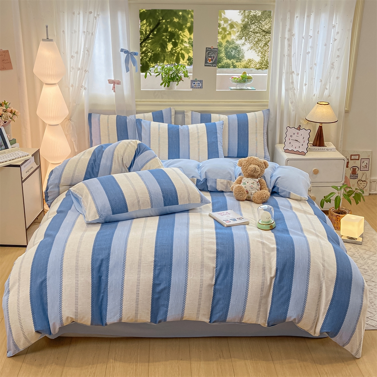 91家纺网 家纺一手货源 找家纺 灰鲸 2025新款A类全棉磨毛四件套 格律-蓝