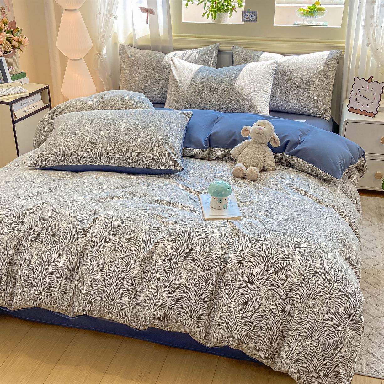 91家纺网 家纺一手货源 找家纺 灰鲸 2025新款A类全棉磨毛四件套 南昭-蓝