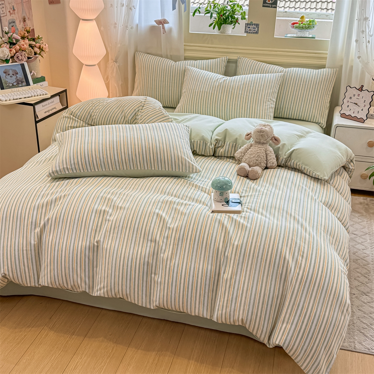 91家纺网 家纺一手货源 找家纺 灰鲸 2025新款A类全棉磨毛四件套 静初-绿