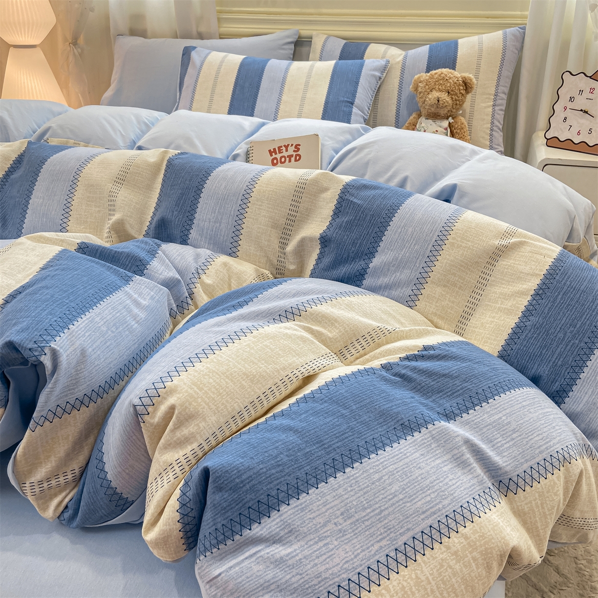 91家纺网 家纺一手货源 找家纺 灰鲸 2025新款A类全棉磨毛四件套 格律-蓝