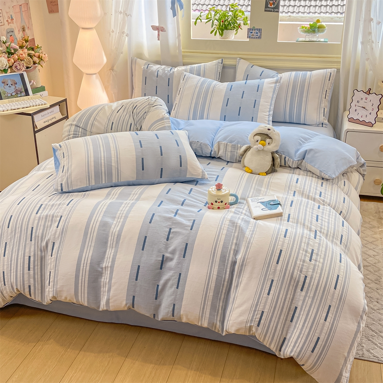 91家纺网 家纺一手货源 找家纺 灰鲸 2025新款A类全棉磨毛四件套 速律-蓝