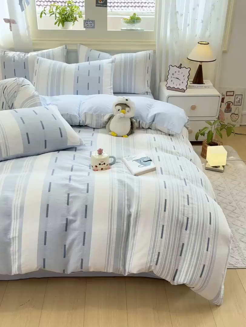 91家纺网 家纺一手货源 找家纺 灰鲸 2025新款A类全棉磨毛四件套 速律-蓝