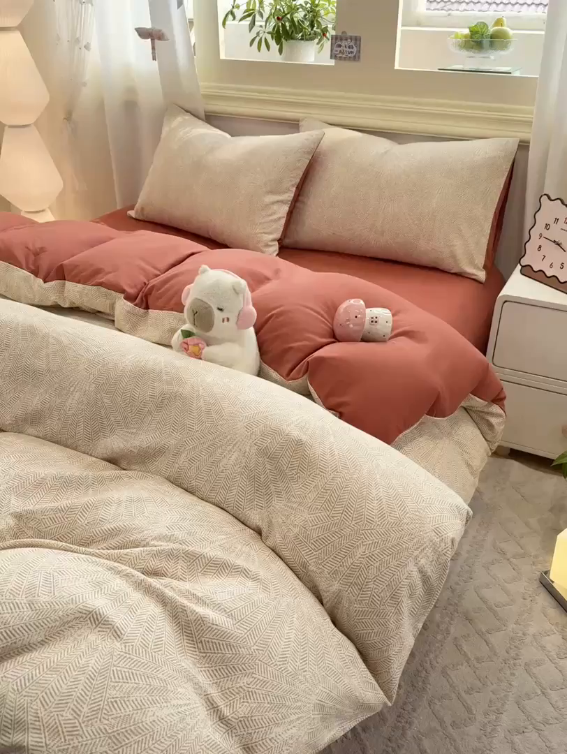 91家纺网 家纺一手货源 找家纺 灰鲸 2025新款A类全棉磨毛四件套 南昭-咖