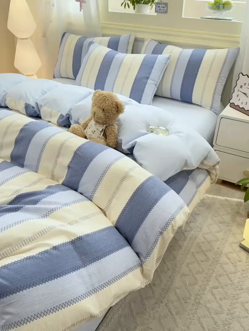 91家纺网 家纺一手货源 找家纺 灰鲸 2025新款A类全棉磨毛四件套 格律-蓝