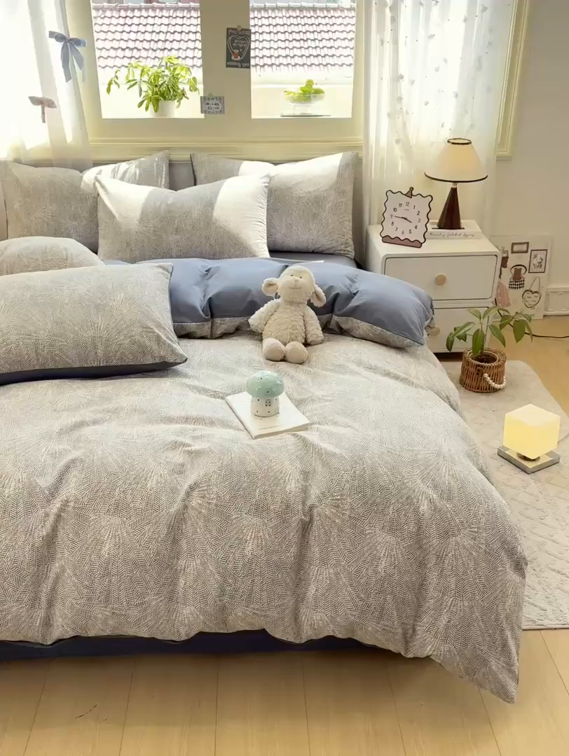 91家纺网 家纺一手货源 找家纺 灰鲸 2025新款A类全棉磨毛四件套 南昭-蓝