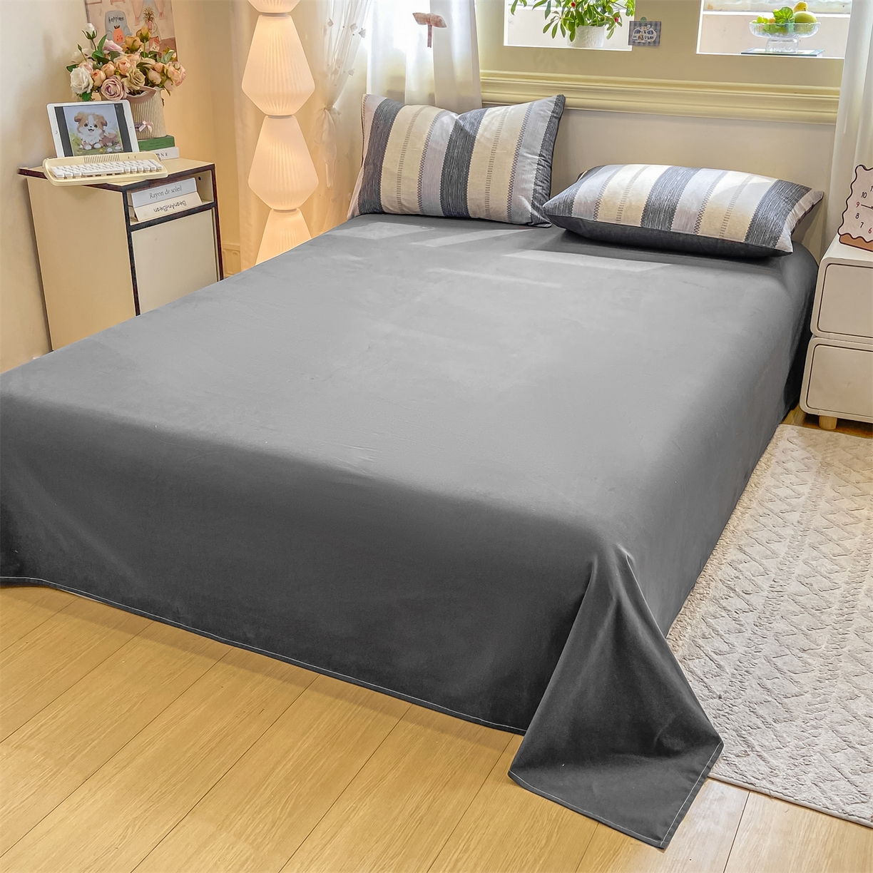 91家纺网 家纺一手货源 找家纺 灰鲸 2025新款A类全棉磨毛四件套 格律-灰