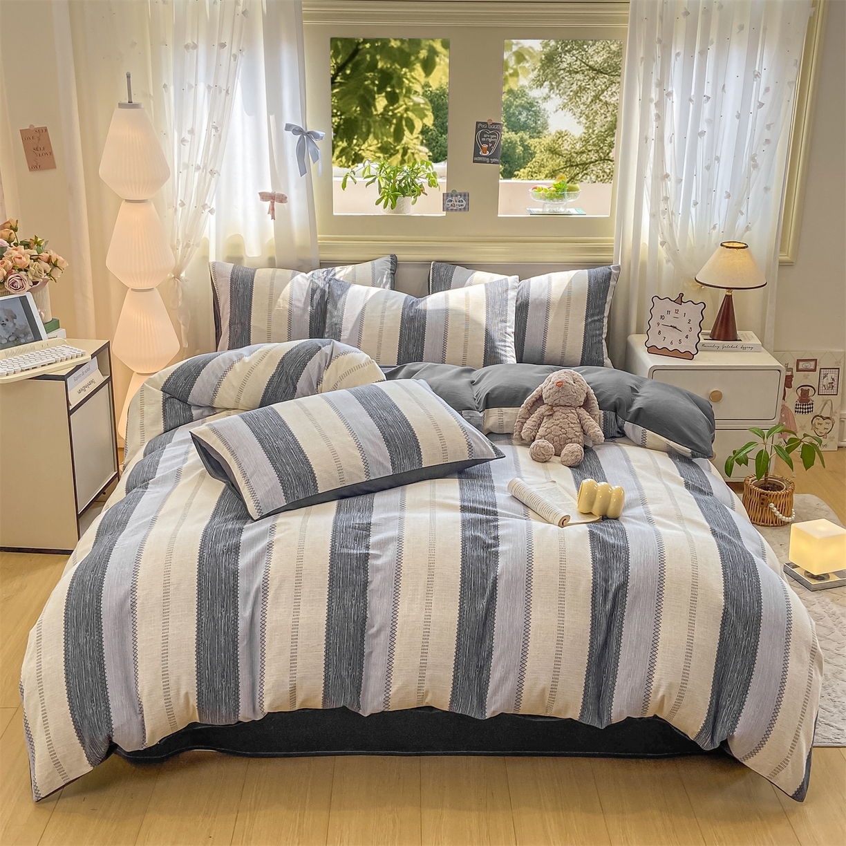 91家纺网 家纺一手货源 找家纺 灰鲸 2025新款A类全棉磨毛四件套 格律-灰