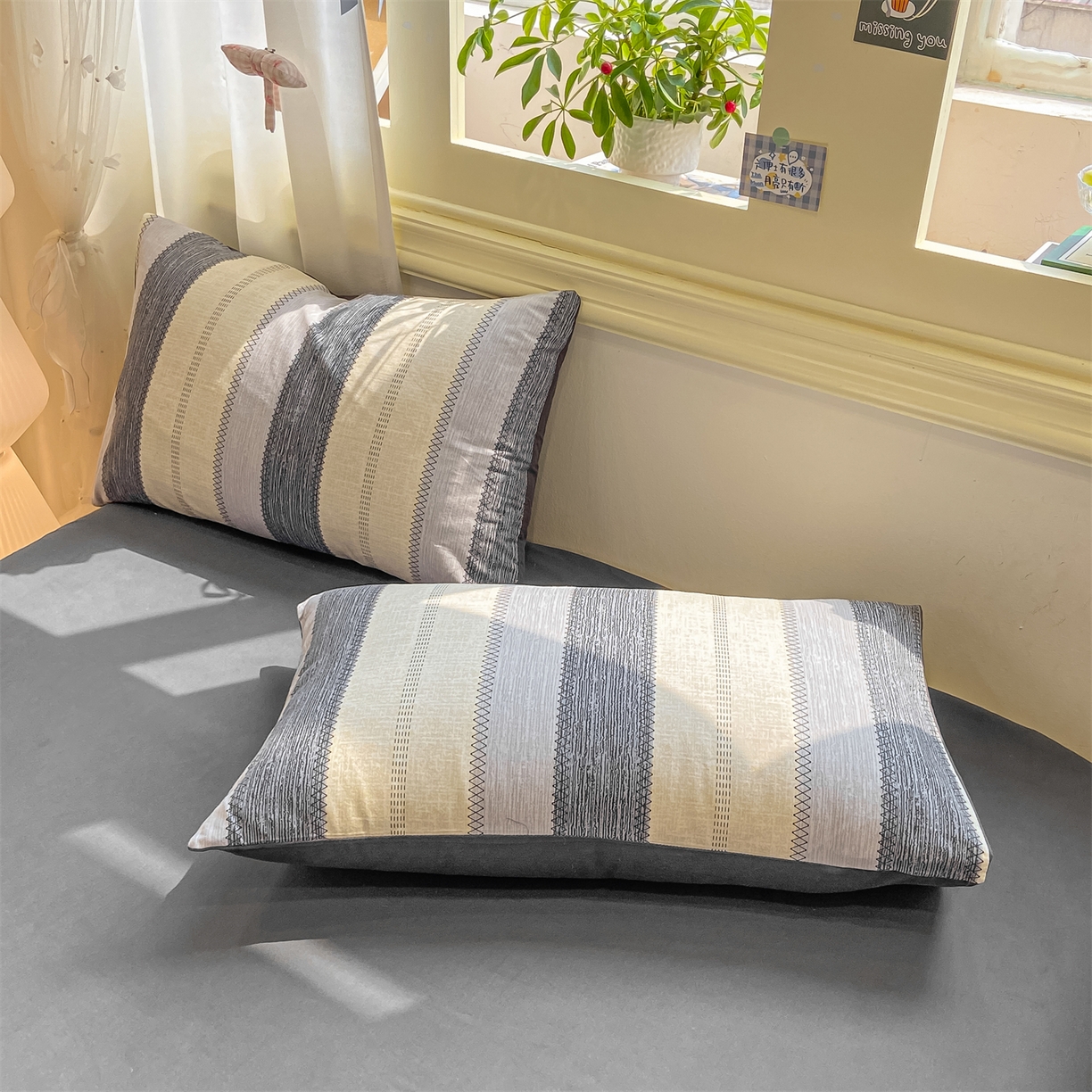 91家纺网 家纺一手货源 找家纺 灰鲸 2025新款A类全棉磨毛四件套 格律-灰