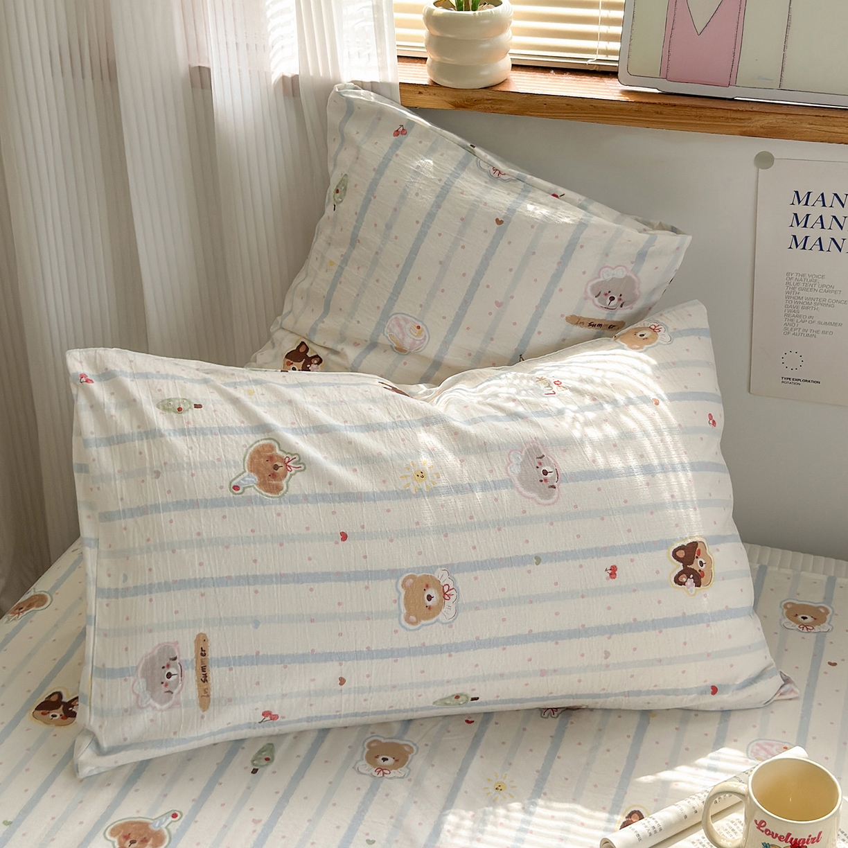 91家纺网 家纺一手货源 找家纺 沐芷 2025 秋冬加厚床单高克重双层纱黑色小花边被单床单三件套 条纹乐园