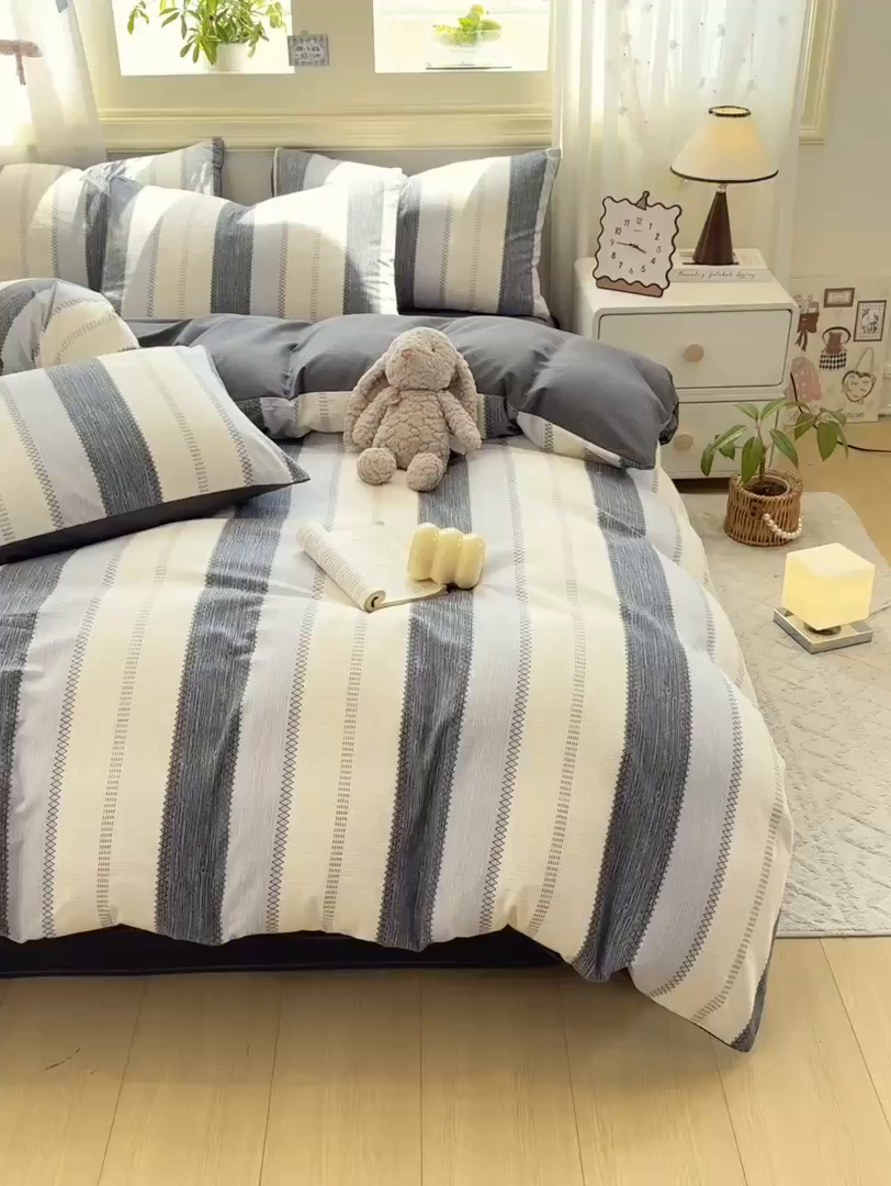 91家纺网 家纺一手货源 找家纺 灰鲸 2025新款A类全棉磨毛四件套 格律-灰