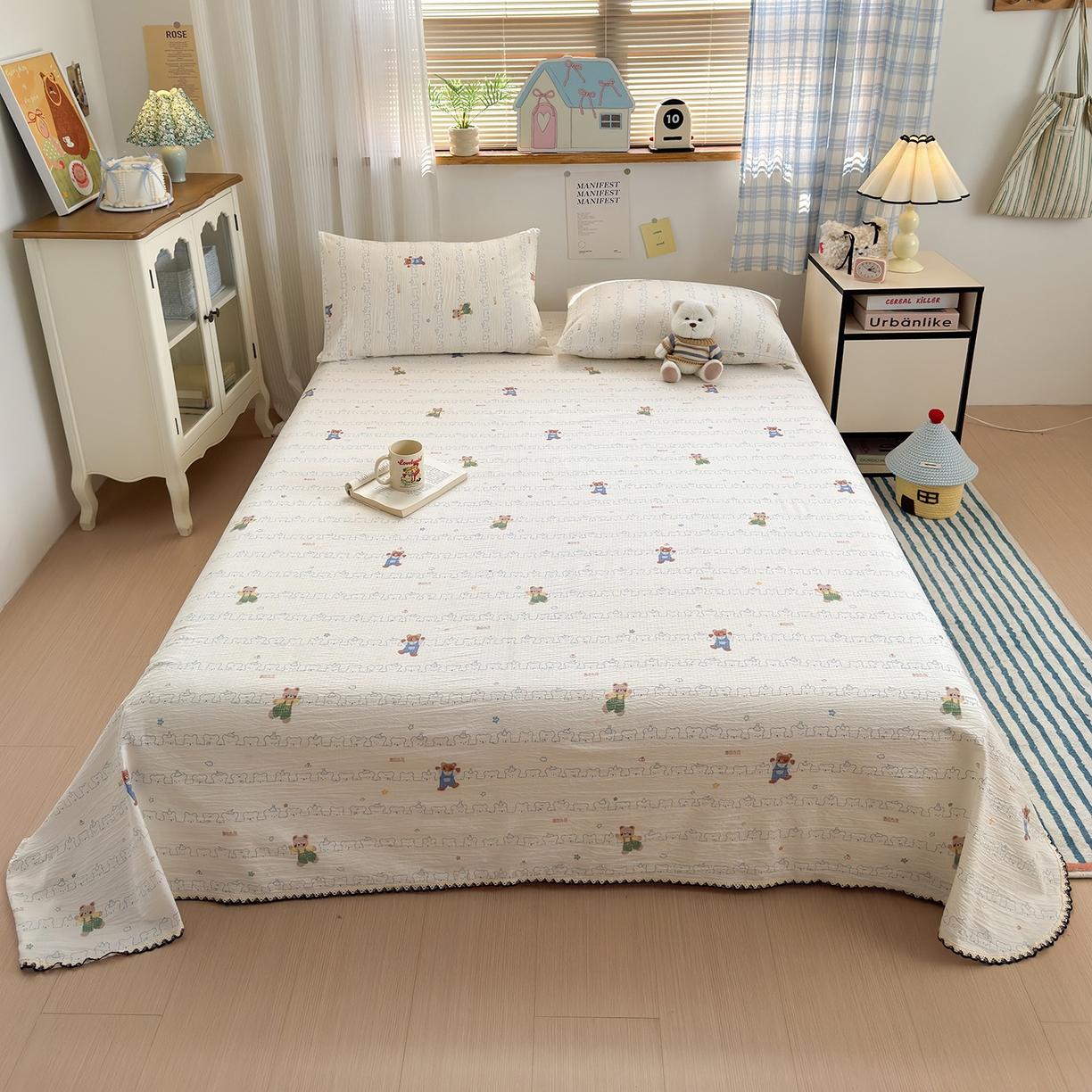 91家纺网 家纺一手货源 找家纺 沐芷 2025 秋冬加厚床单高克重双层纱黑色小花边被单床单三件套 童趣熊影