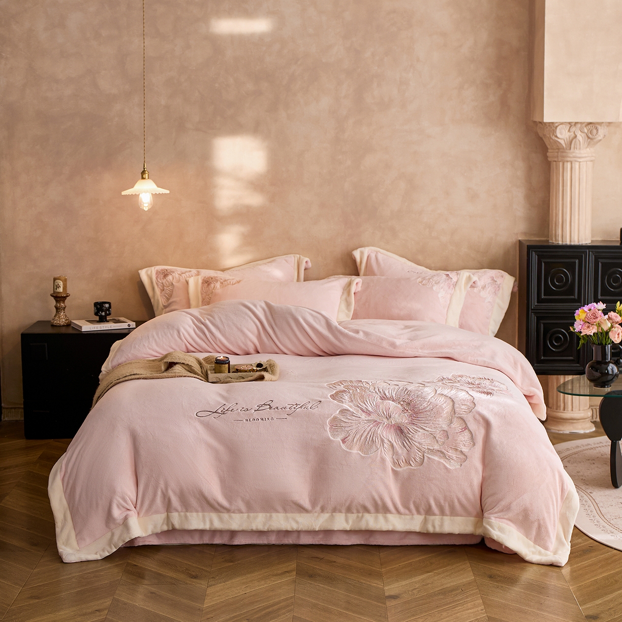 蓝梦 2025新款270克全消光牛奶绒系列四件套-罗浮花影 梦想粉