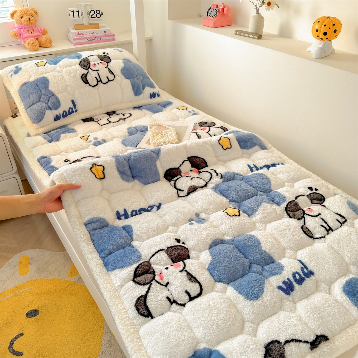 雯豆家纺 2025新款泰迪绒学生宿舍床褥床垫床护垫 泰迪绒床褥-顽皮狗-兰