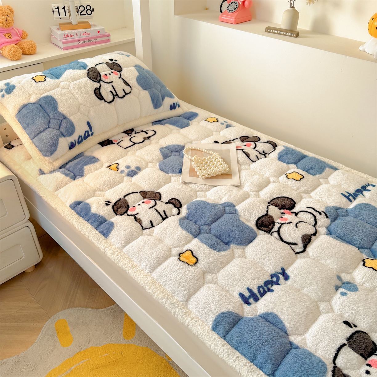 91家纺网 家纺一手货源 找家纺 雯豆家纺 2025新款泰迪绒学生宿舍床褥床垫床护垫 泰迪绒床褥-顽皮狗-兰