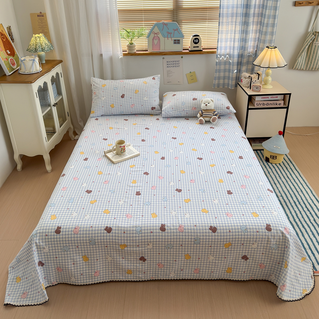 91家纺网 家纺一手货源 找家纺 沐芷 2025 秋冬加厚床单高克重双层纱黑色小花边被单床单三件套 兔莓小格