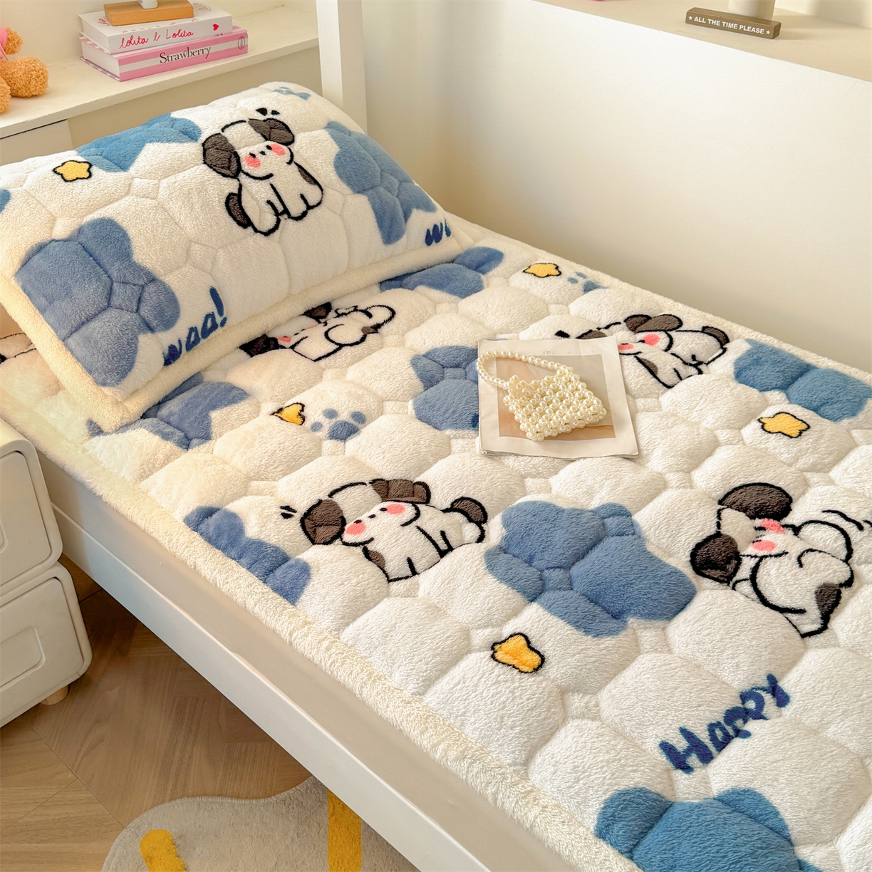 91家纺网 家纺一手货源 找家纺 雯豆家纺 2025新款泰迪绒学生宿舍床褥床垫床护垫 泰迪绒床褥-顽皮狗-兰