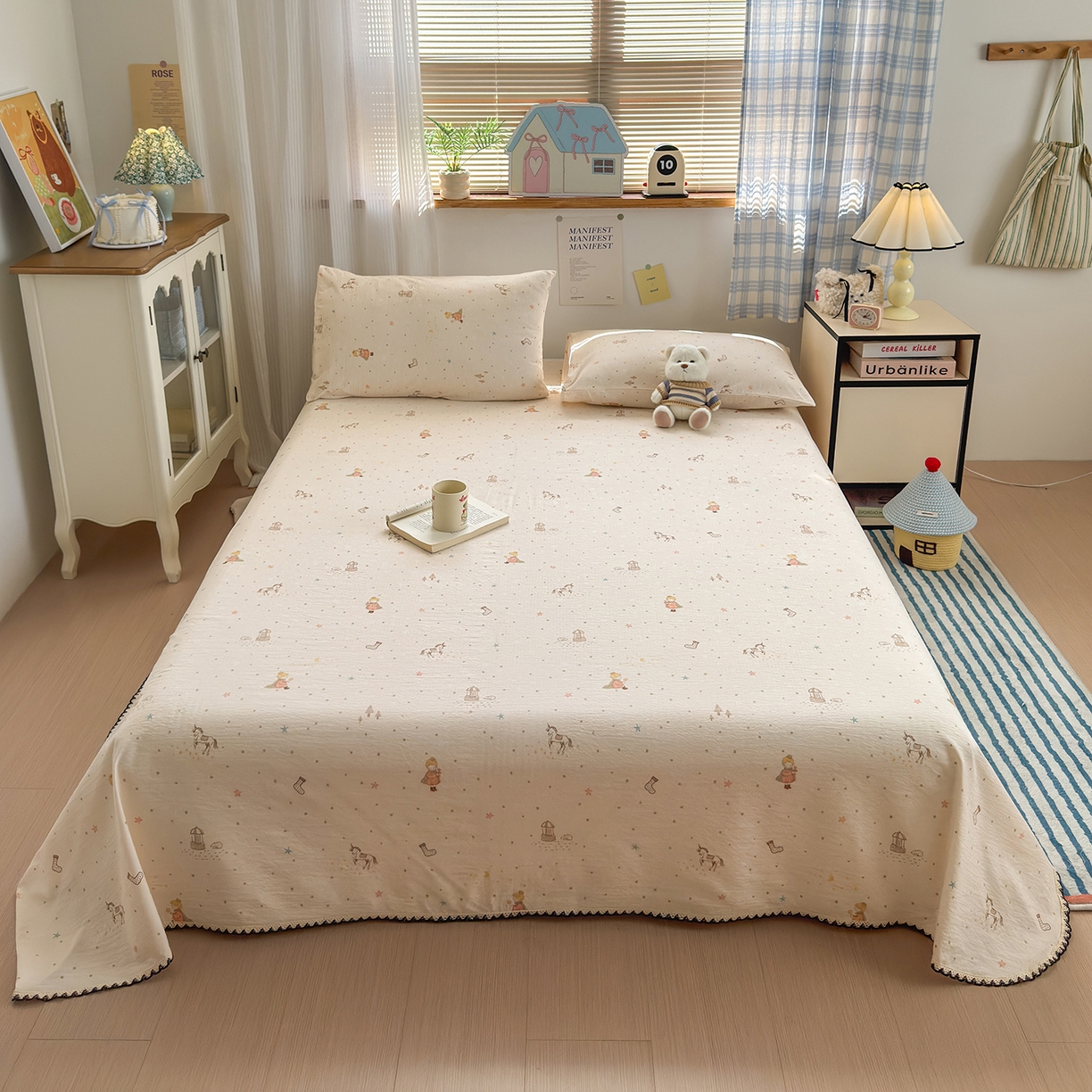 91家纺网 家纺一手货源 找家纺 沐芷 2025 秋冬加厚床单高克重双层纱黑色小花边被单床单三件套 小王子