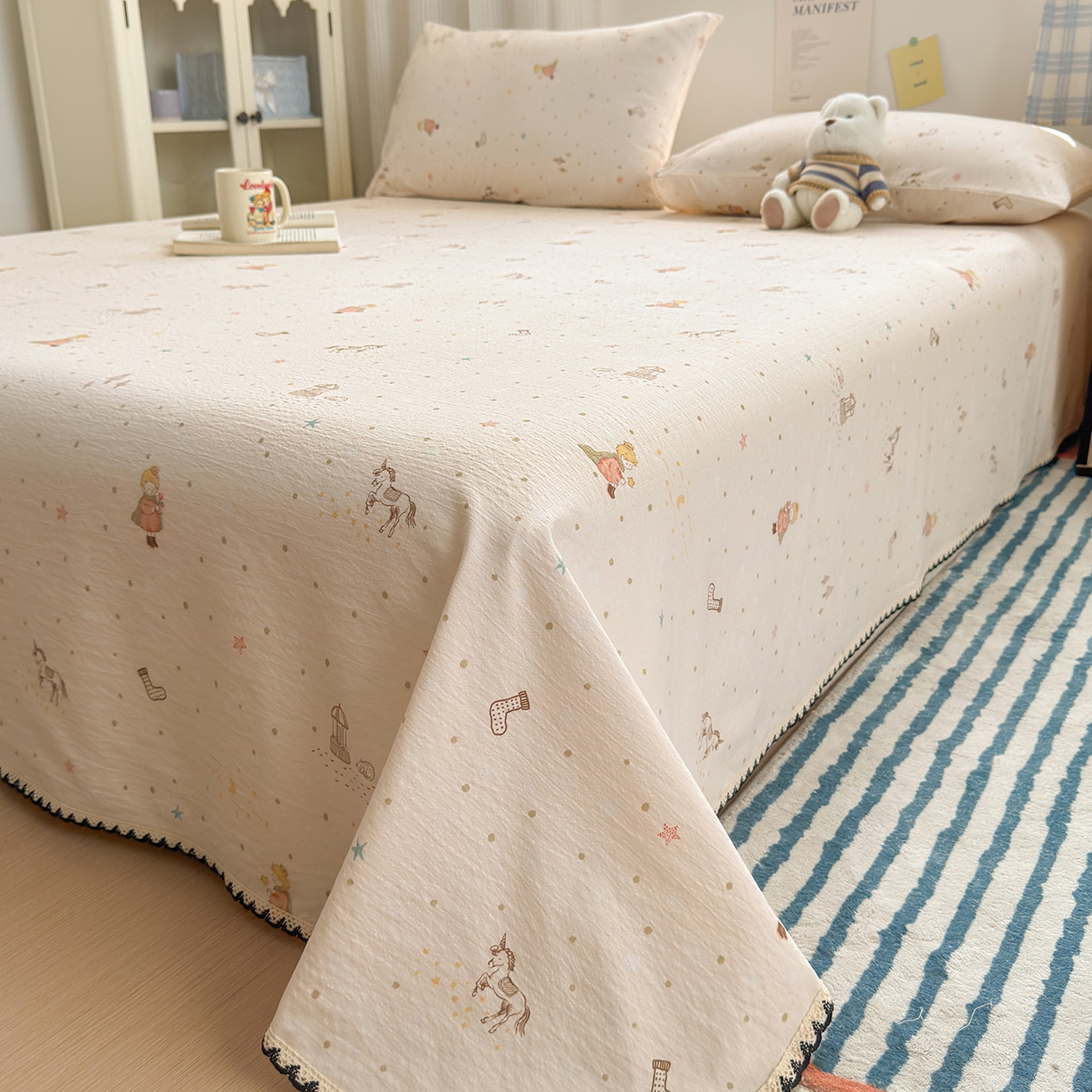 91家纺网 家纺一手货源 找家纺 沐芷 2025 秋冬加厚床单高克重双层纱黑色小花边被单床单三件套 小王子