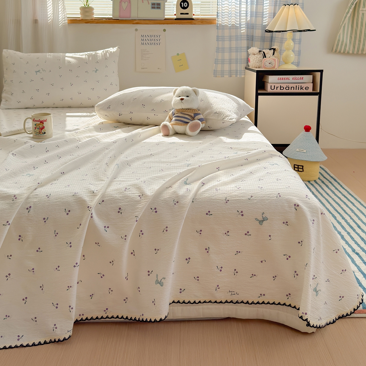 91家纺网 家纺一手货源 找家纺 沐芷 2025 秋冬加厚床单高克重双层纱黑色小花边被单床单三件套 樱桃结