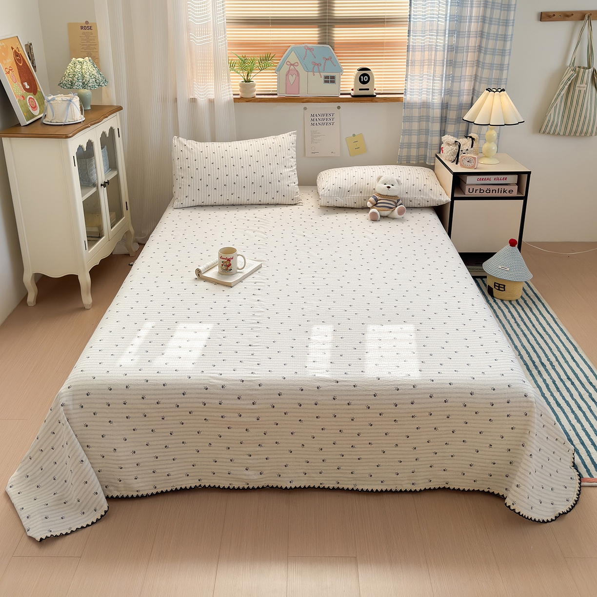 91家纺网 家纺一手货源 找家纺 沐芷 2025 秋冬加厚床单高克重双层纱黑色小花边被单床单三件套 织梦