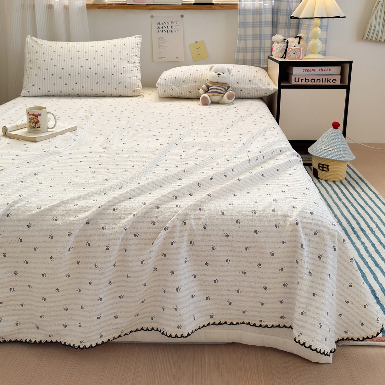 91家纺网 家纺一手货源 找家纺 沐芷 2025 秋冬加厚床单高克重双层纱黑色小花边被单床单三件套 织梦