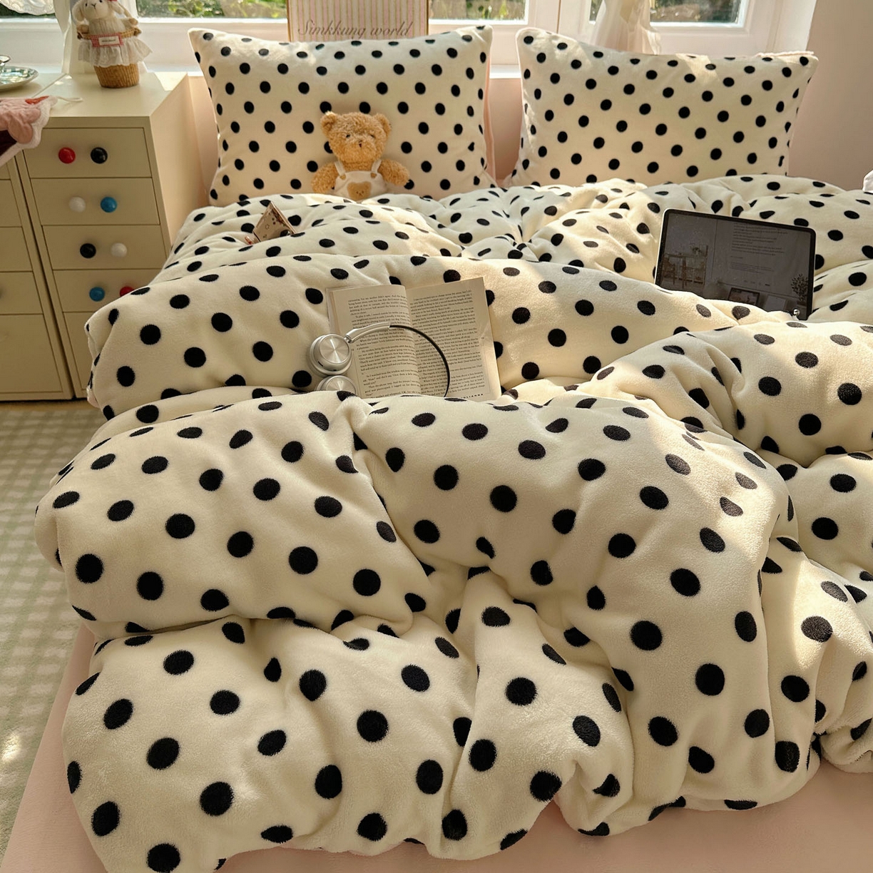 91家纺网 家纺一手货源 找家纺 优选良品 2025新款小清新加厚高克重牛奶绒四件套直播热款电商热款波利圆点-白