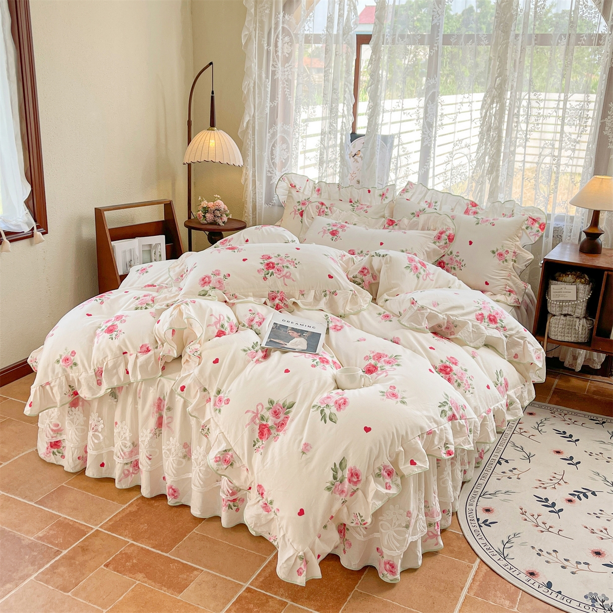 91家纺网 家纺一手货源 找家纺 宜凡家纺 2025新款全棉韩版床裙四件套 悦香花初