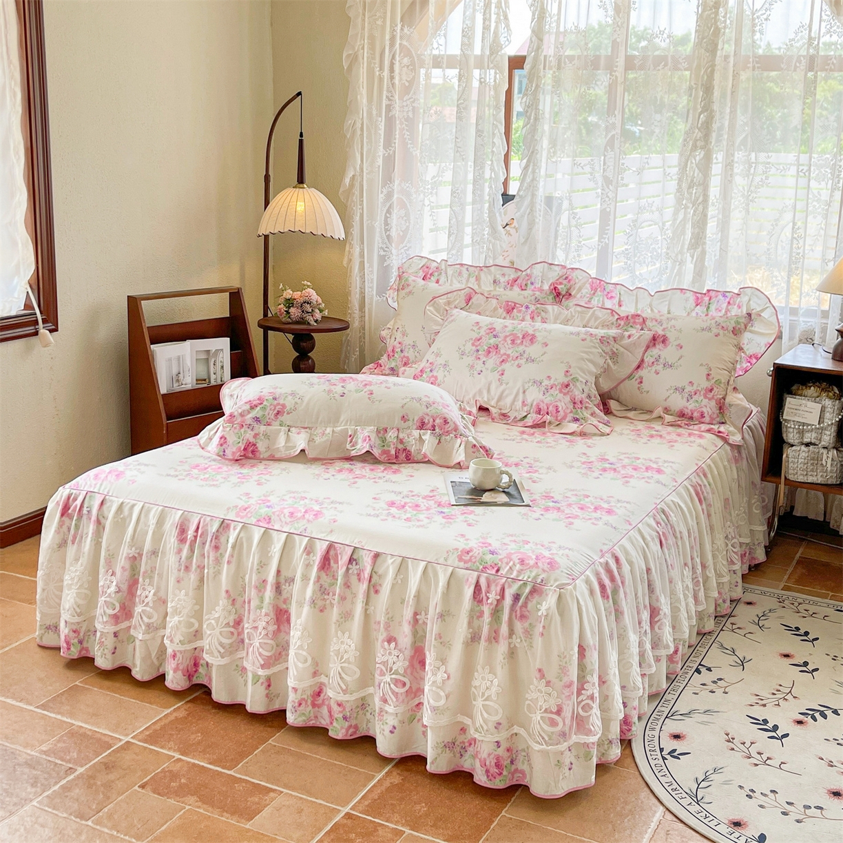 91家纺网 家纺一手货源 找家纺 宜凡家纺 2025新款全棉韩版床裙四件套 粉色物语