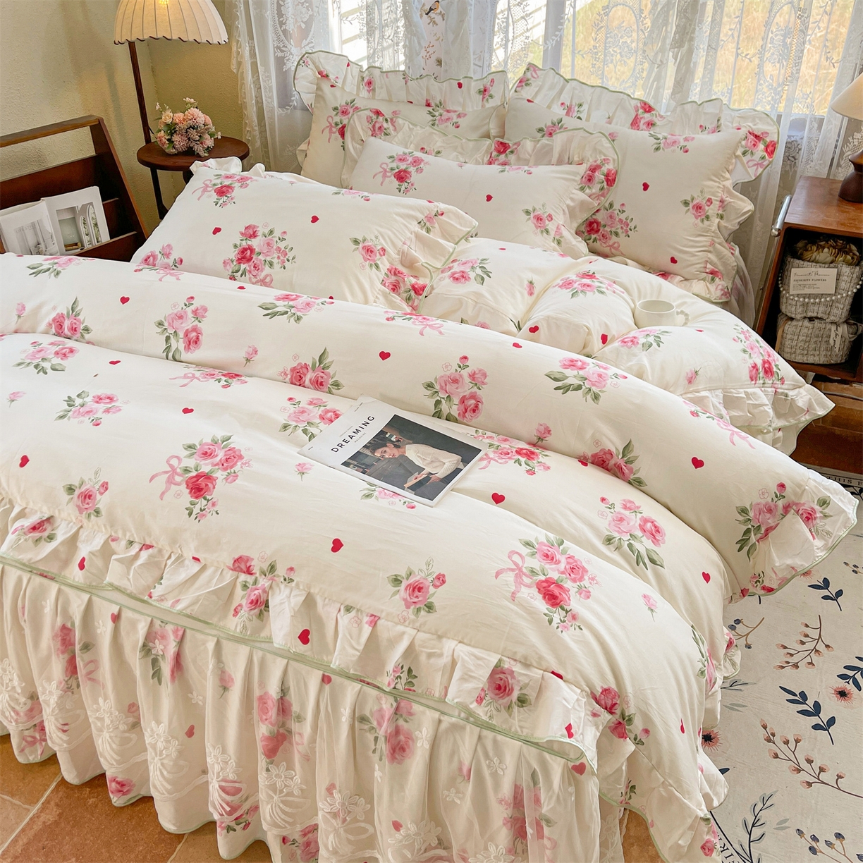 91家纺网 家纺一手货源 找家纺 宜凡家纺 2025新款全棉韩版床裙四件套 悦香花初