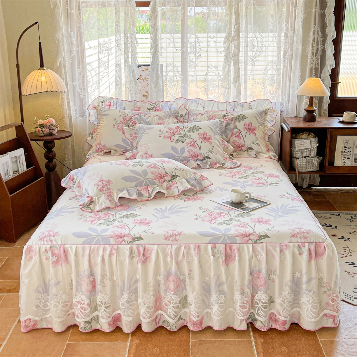 91家纺网 家纺一手货源 找家纺 宜凡家纺 2025新款全棉韩版床裙四件套 飞花似梦