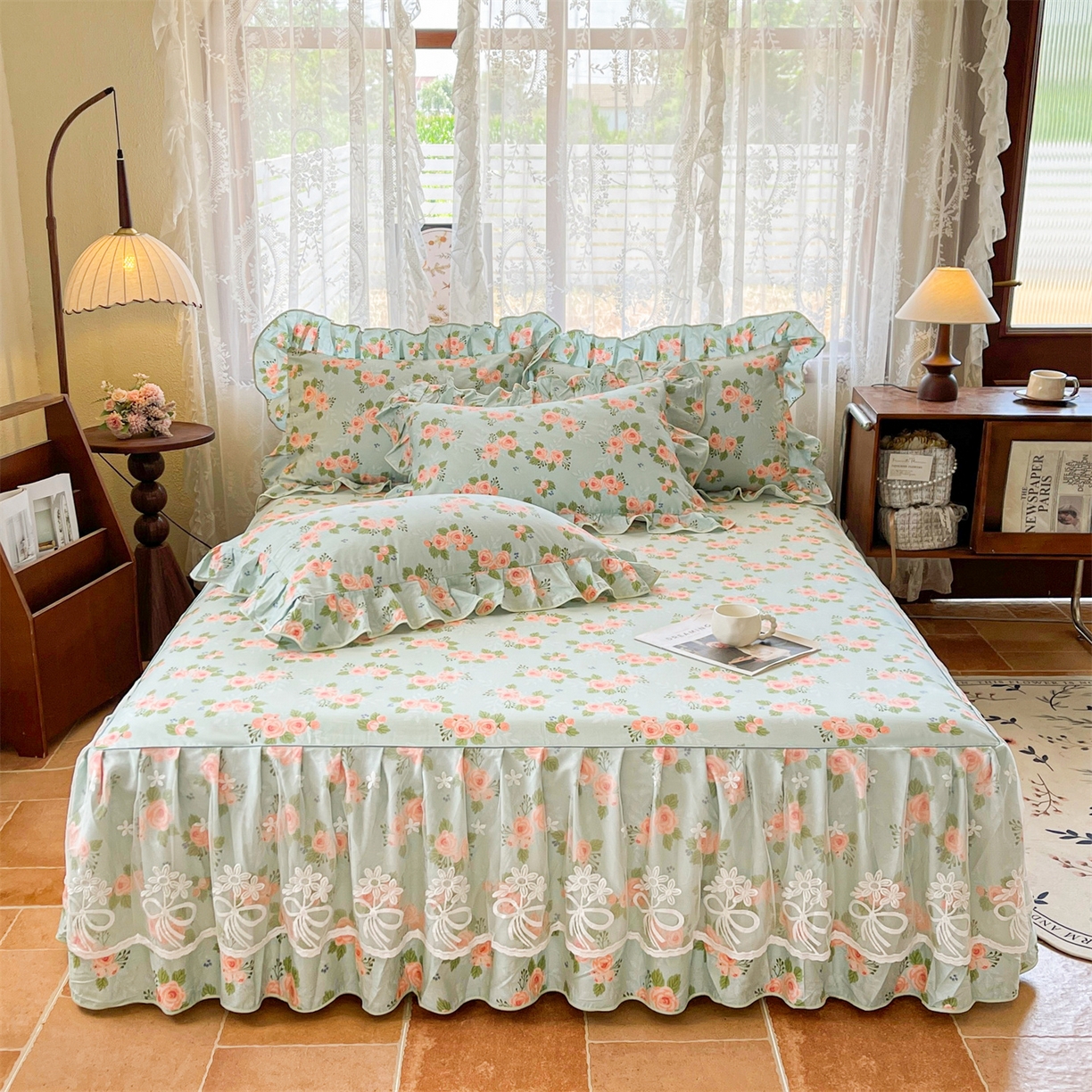 91家纺网 家纺一手货源 找家纺 宜凡家纺 2025新款全棉韩版床裙四件套 雾悦山漫